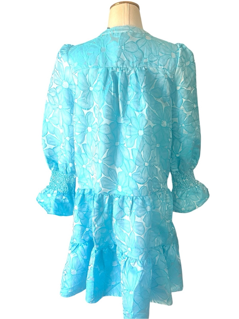 NWT Pomander Place Blue Floral Puff Sleeve Tiered Mini Dress Medium - Picture 6 of 12